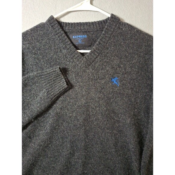 Express Sweater Mens L Gray 100% Lambs Wool V-Neck Knit Long Sleeve Vintage - Picture 3 of 5